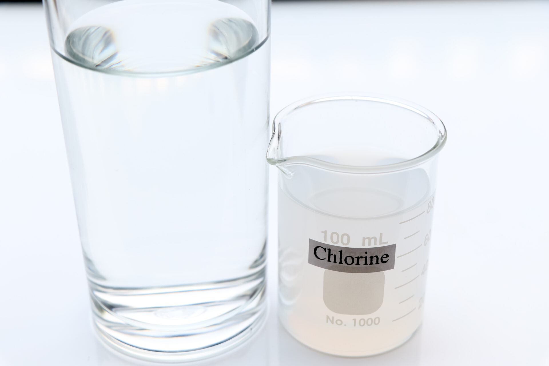 chlorine solution in glass, Chlorine is used to kill bacteria or to perform experiment in laboratory